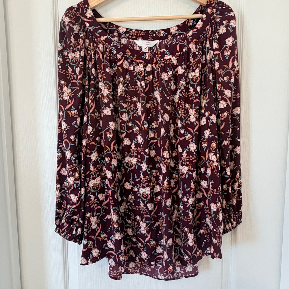 LC Lauren Conrad Floral Peasant Blouse Burgundy XXL Long Sleeve Boho Top